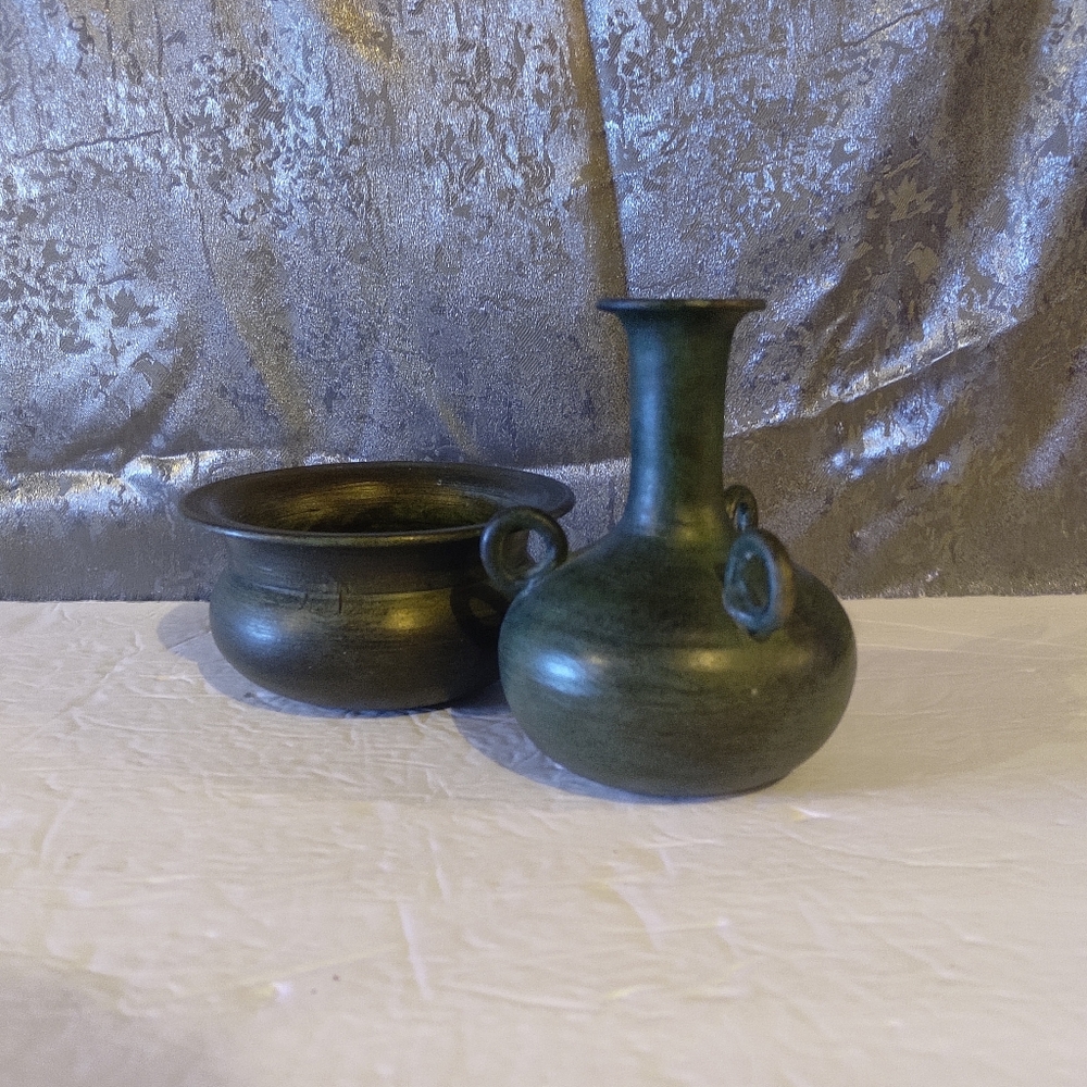 Vintage 6" Green Ceramic Vase And 3" Bowl Made In Italy